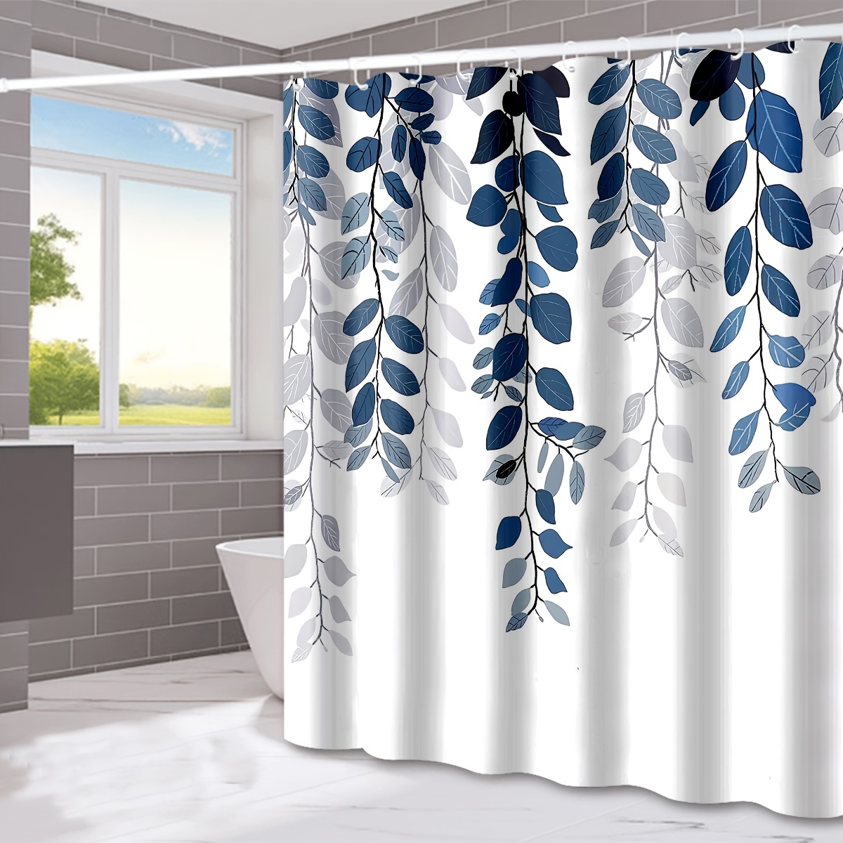 1pc Blue Leaves Extra Long Shower Curtain Indigo Eucalyptus - Temu Canada