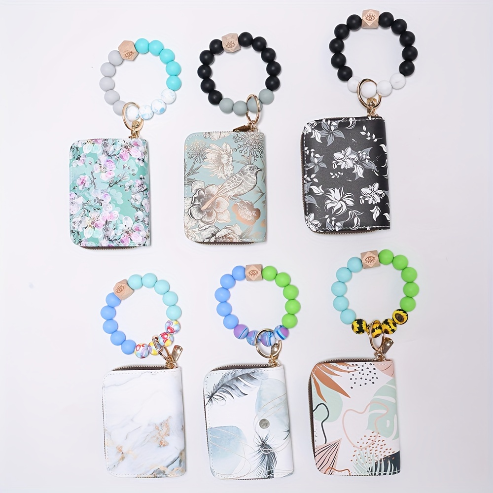 

Silicone Beaded Bracelet Wristlet Keychain With Printed Wallet Coin Purse Pu Leather Bag Charm Phone Lanyard Women Gift