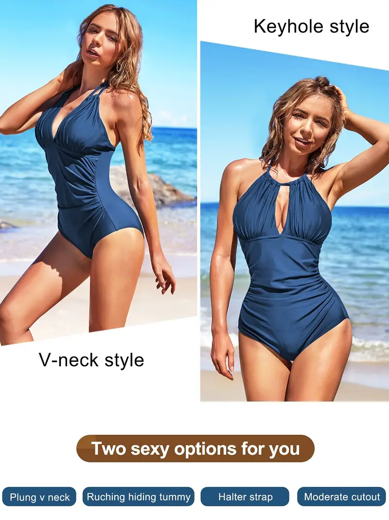 Solid Color Halter Two Ways Wear One piece Swimsuit Ruched - Temu