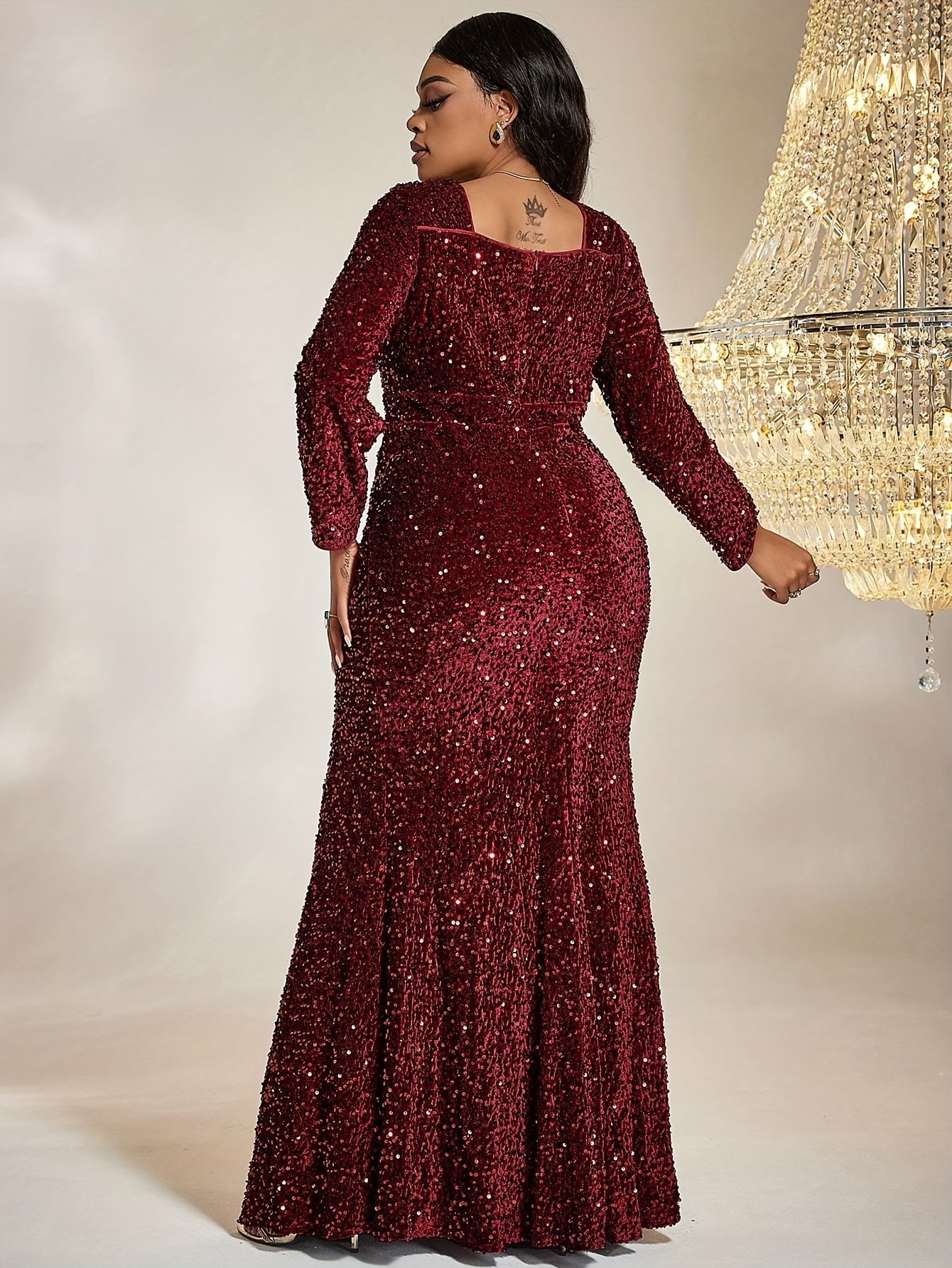 Plus Square Neck Sequin Formal Dress