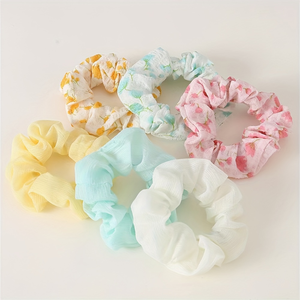 

6pcs/set Printed Large Intestine Hair Loops Elastic Hair Ties Ponytail Holder Hair Bun Decoration Elegant Hair Accessories