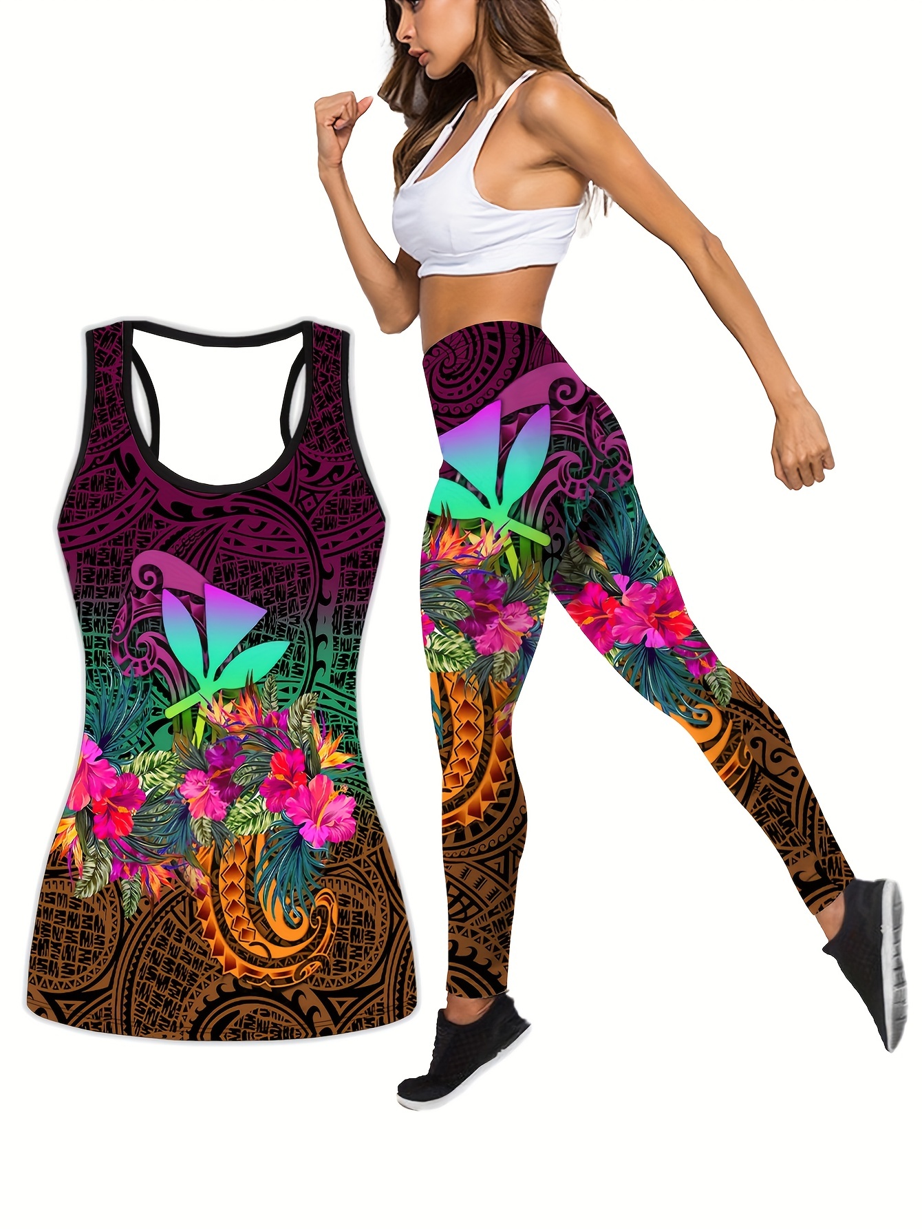 Hippie Wave Abstract Colorful All Over Printed Womens Combo Hollow Tanktop Leggings  Set Outfit –