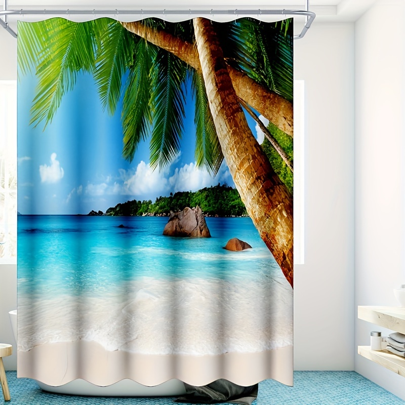 1pc ココナッツツリービーチシャワーカーテン トロピカルオーシャンビューウォータープルーフシャワーカーテン12フック付 Temu Japan