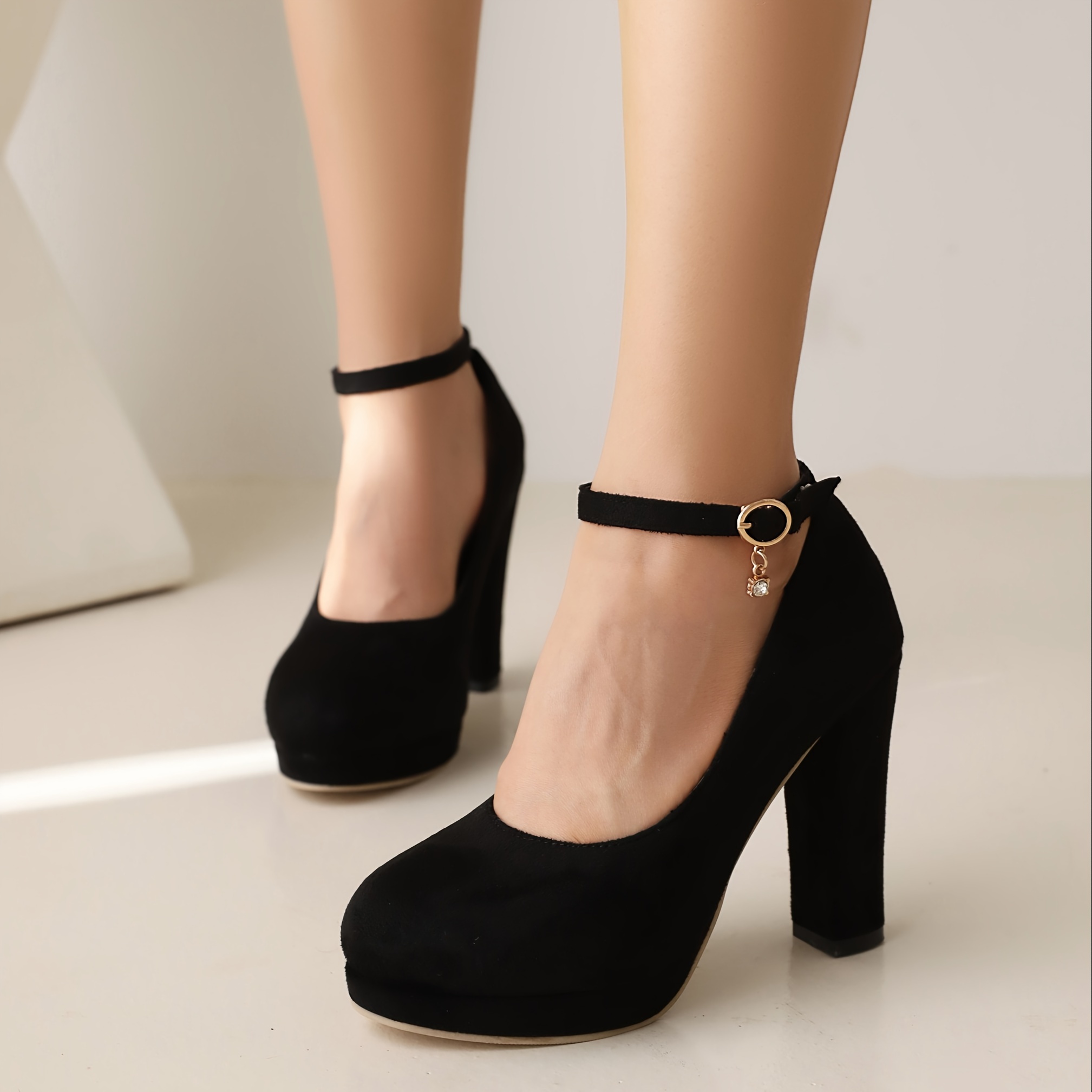 

Women's Platform Dress Pumps, Elegant Black Ankle Strap Block High Heels, All-match Evening Shoes