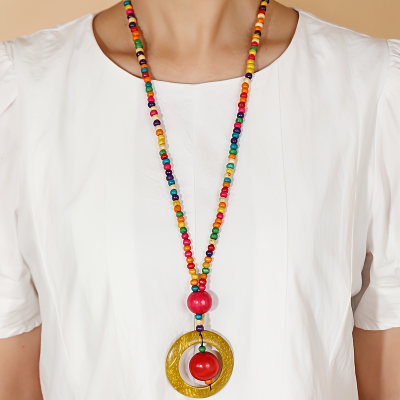 

Coconut Shell Pendant Colorful Beaded Necklace Bohemian Vacation Style Wooden Necklace Stylish Casual Neck Accessories