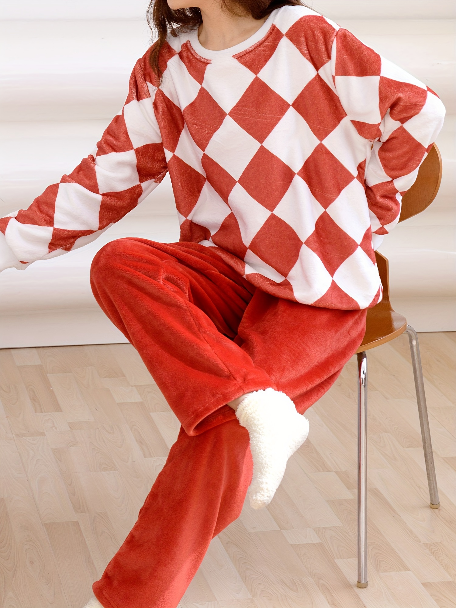 Ladies Coral Fleece Pants Winter Pyjamas PJS White Brown Stripe
