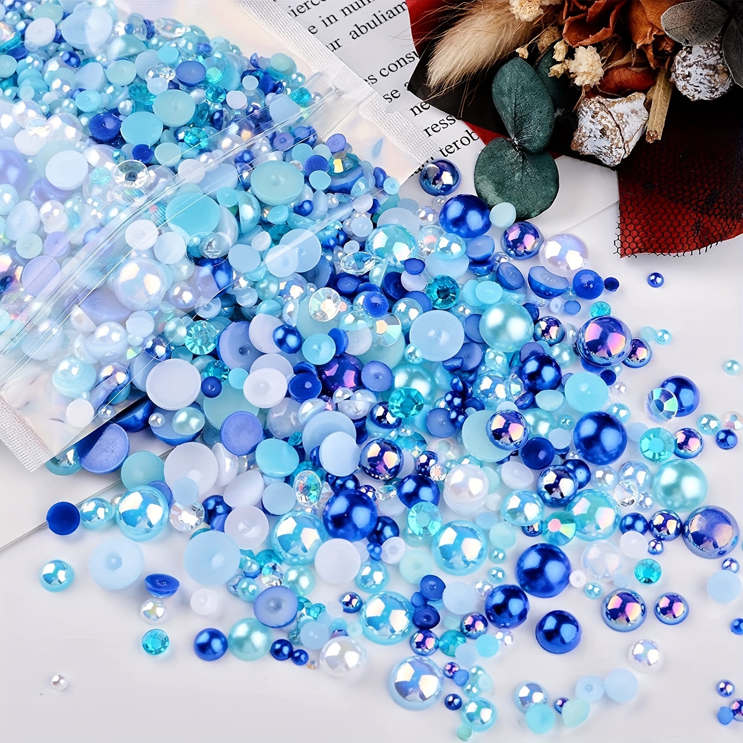

3800pcs 30g Flat Back Pearls And Rhinestones For Crafts, 3mm-10mm Mixed Pearl Rhinestones For Nail Art Eye Makeup, Flat Back Rhinestones And Half Pearls Cabochons Blue Pink White