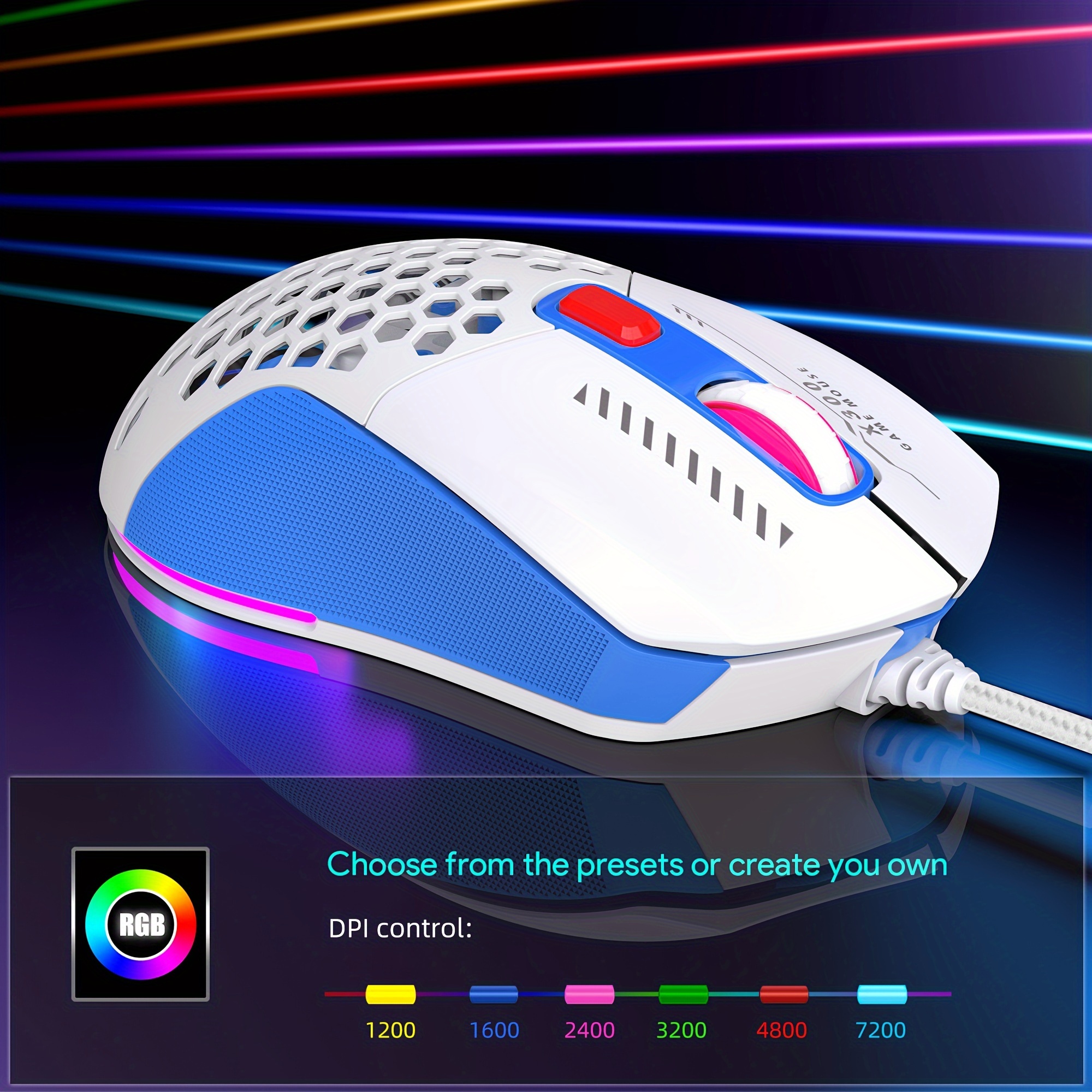 RGB Gaming Mouse Wired, 8 Programmable Buttons Computer Mouse, 6 Adjustable  DPI [1200/1600/2400/3200/4800/7200 dpi], Ergonomic Mouse with 13 Backlight