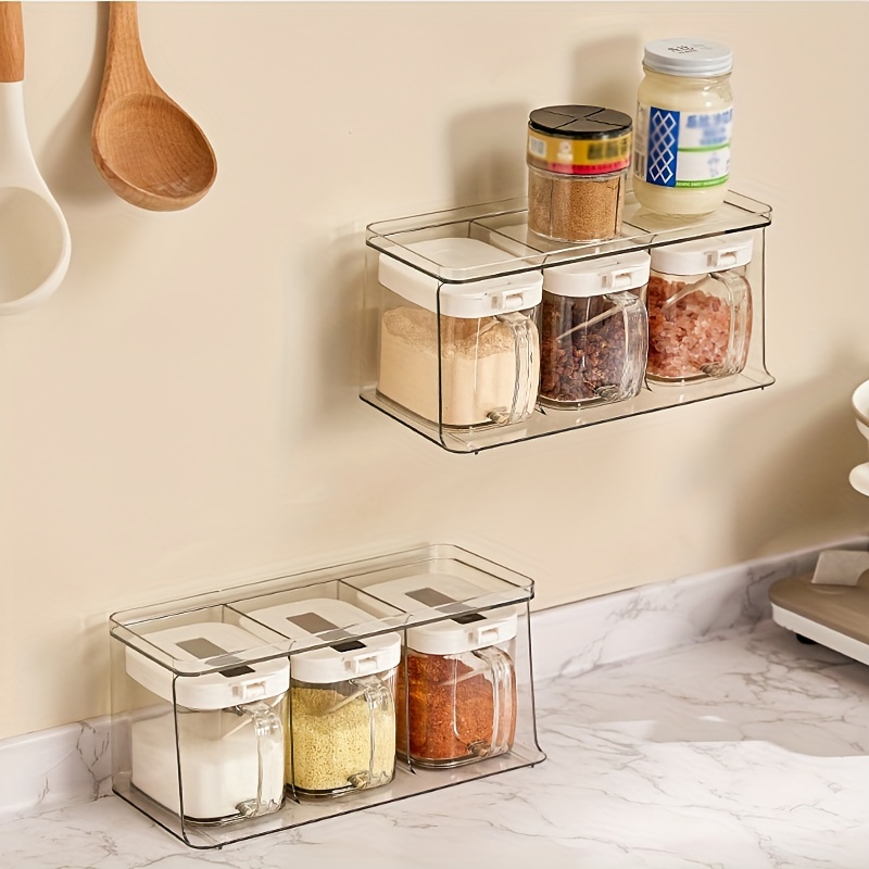 Seasoning Container with Lid Wall Mounted Punch Free Transparent Cup Spice  Rack Organizer Kitchen Accessories 