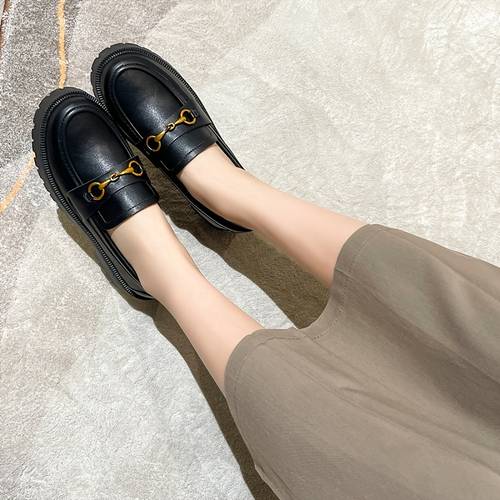 Women's Metal Buckle Decor Loafers, Black Platform Round Toe Shoes, Casual Faux Leather Slip On Shoes, Women's Footwear