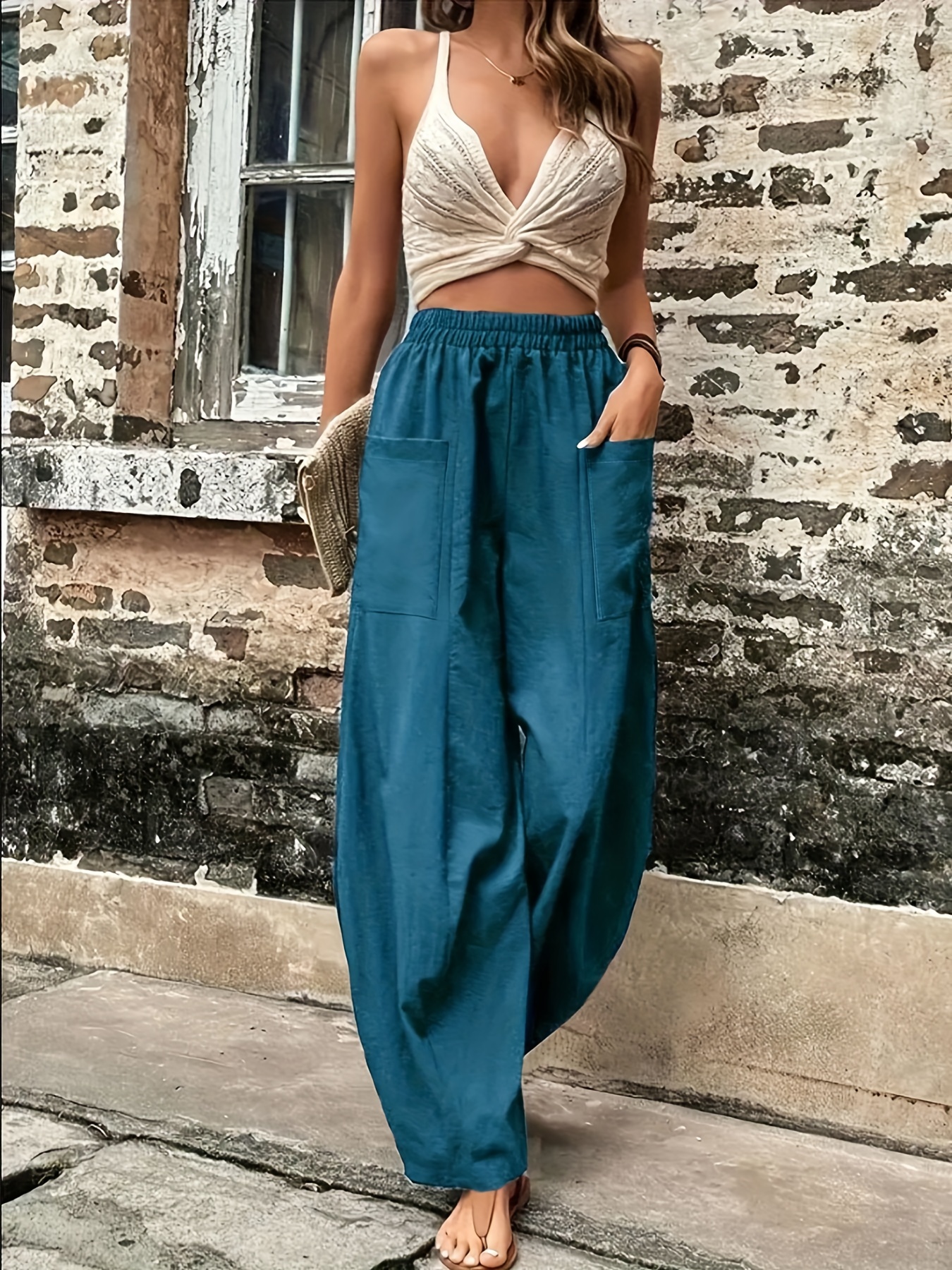 Boho Solid Elastic Waist Harem Pants, Casual Long Length Pants With Pockets  For Spring & Summer, Women's Clothing