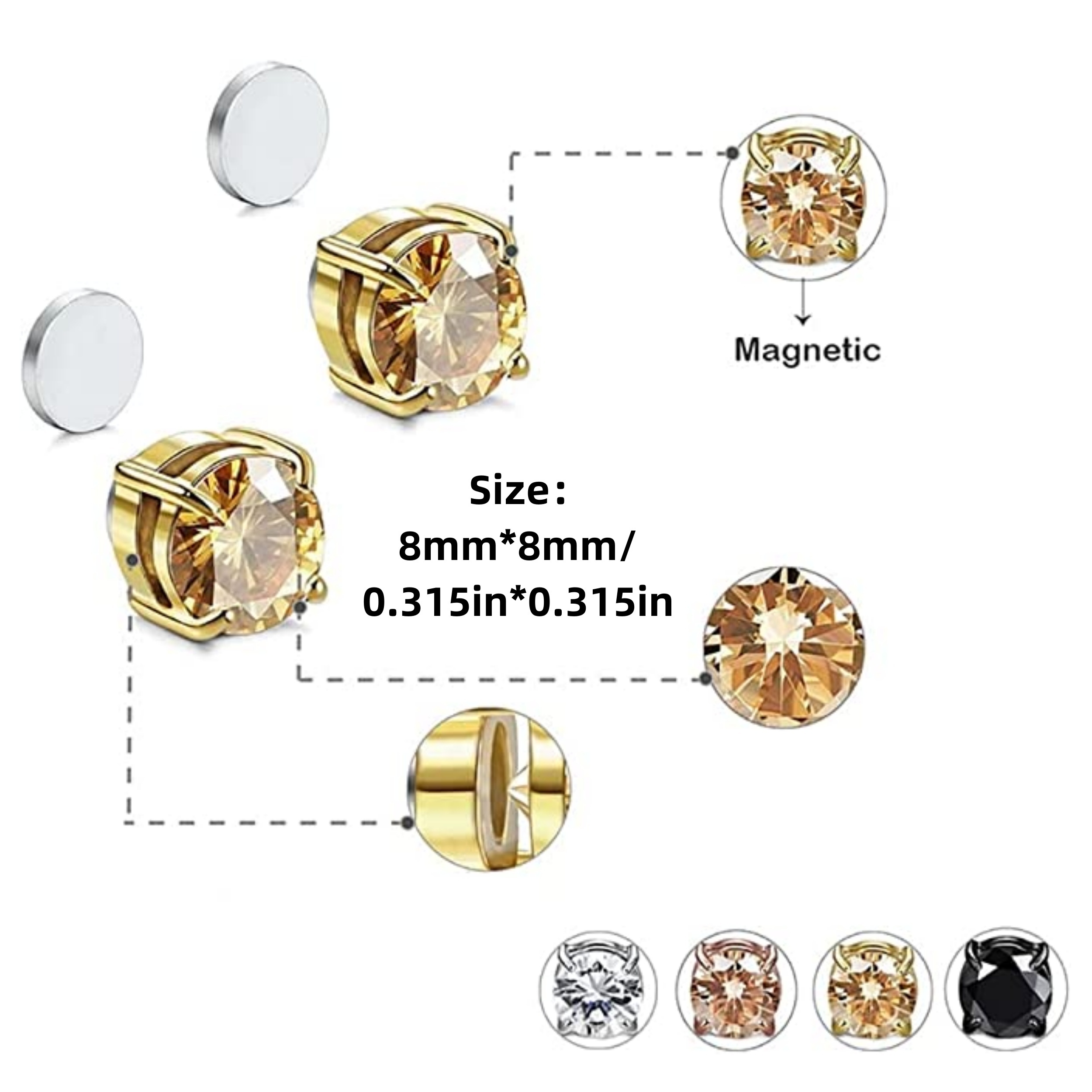 4 pares 8mm cz pendientes magnéticos para mujeres pendientes de imán de  zirconia cúbica para hombres clip de acero inoxidable en pendientes