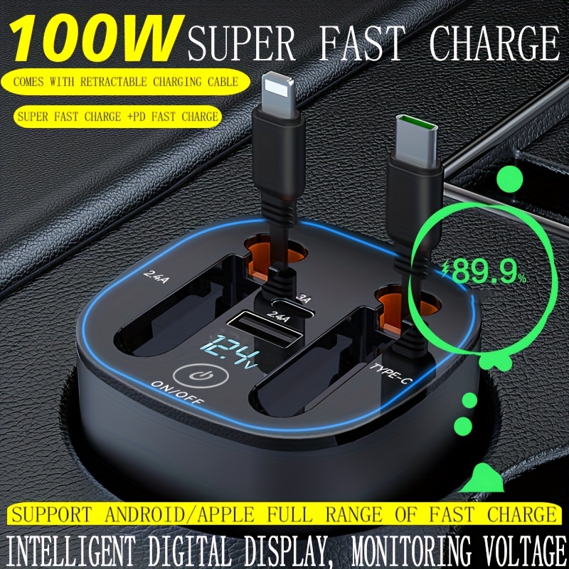 100W 4IN1 Retractable Car Charger USB Type-C Cable For Phone Fast Charge-Adapte