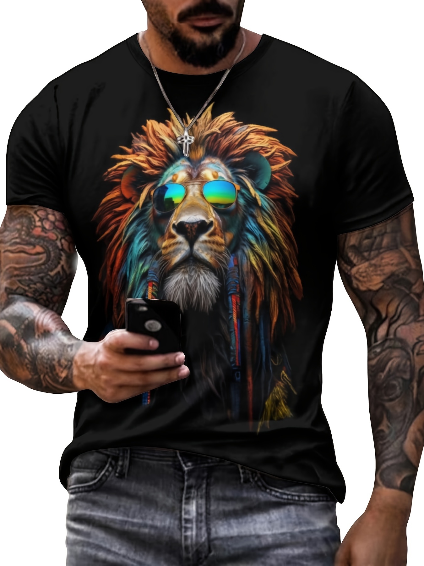 Men's 3D Lion T-shirt Stretchy Breathable Tee