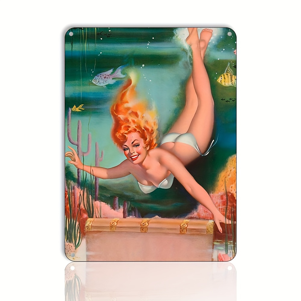 Hawaiian Pin Up Glamour Woman - Underwater Mermaid Pose, Metal Tin Signs  Metal Poster Wall Decor Sign Tin Sign Walls Decoration Painting Suitable  Home