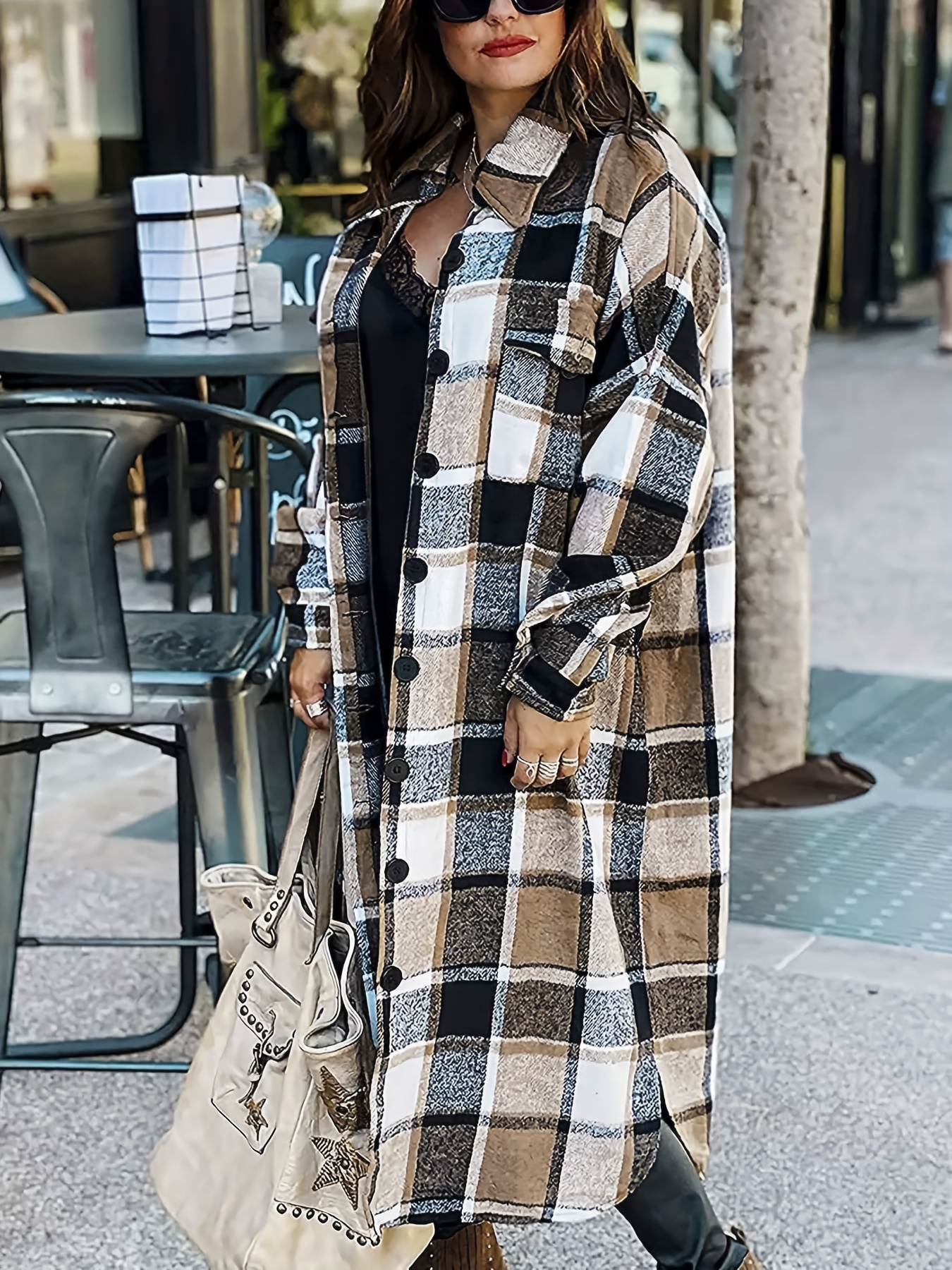 Drop Shoulder Plaid Shirt Jacket Loose Long Sleeve Casual - Temu