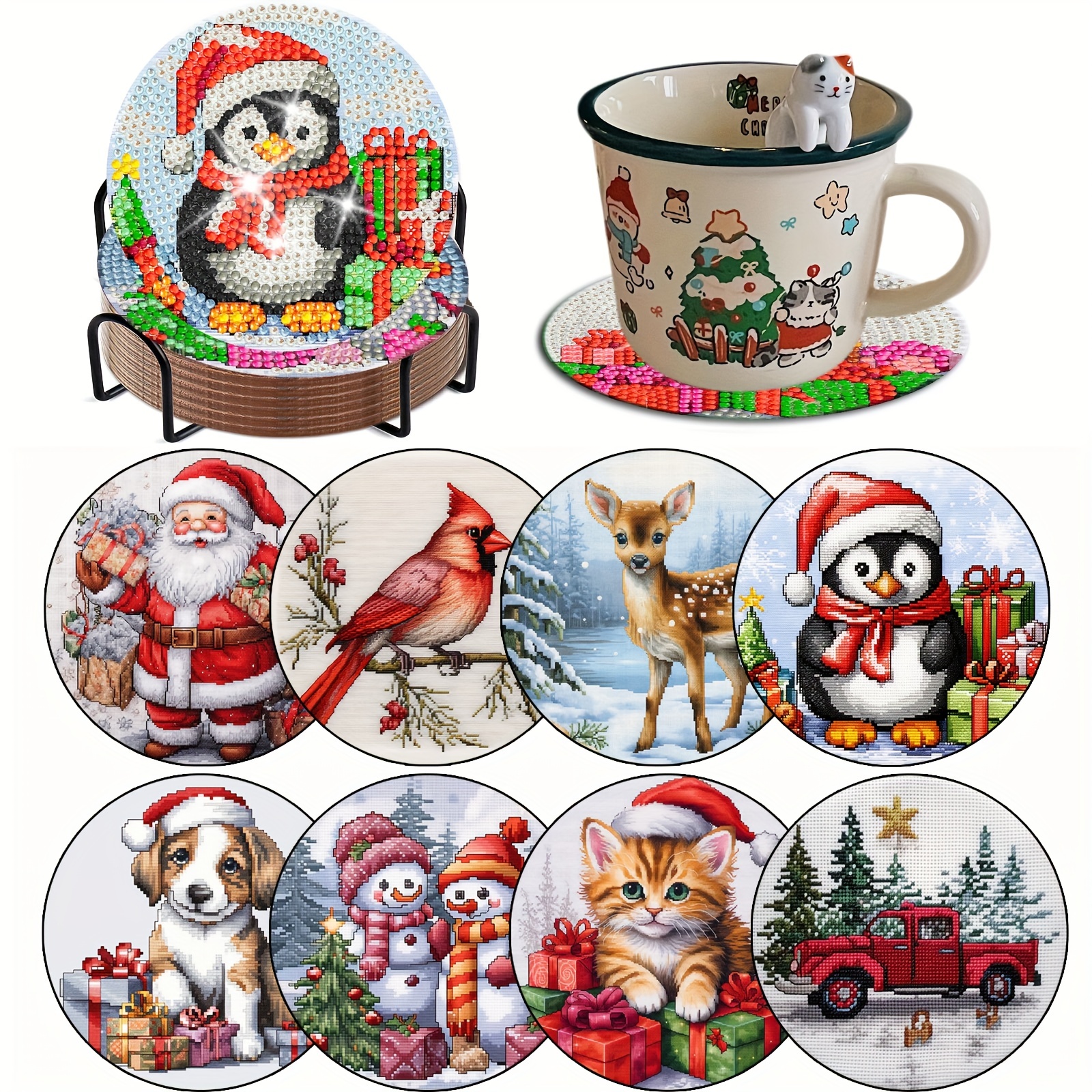 Christmas Diamond Painting Coaster Kits with Holder, Grinch Diamond Art Dot Coasters Non Slip Coaster 5D Diamond Painting Coaster Kits for Adults