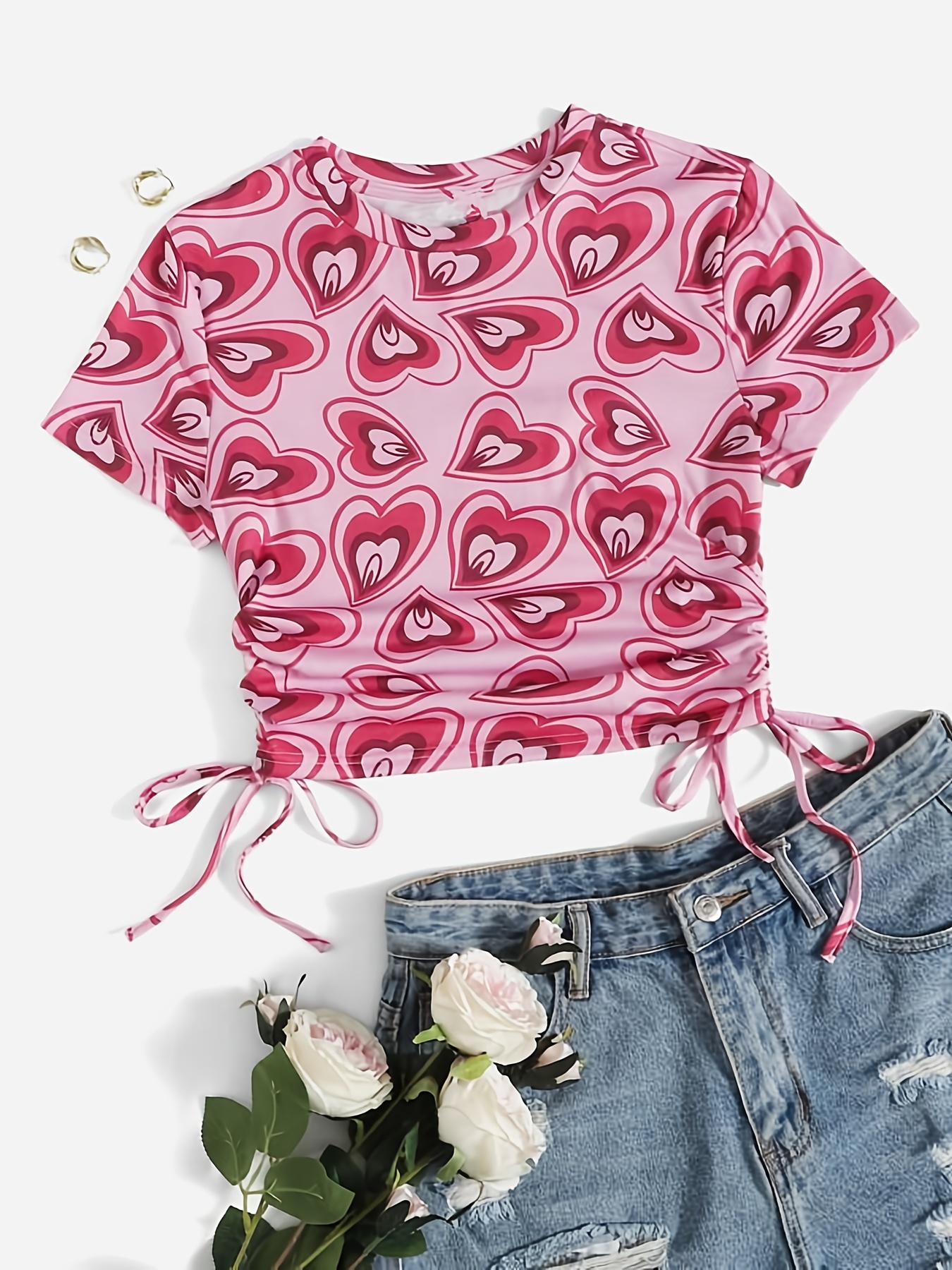 Womens Short Sleeve Tops Breathable Trendy Heart Print Crop Top Sexy BM  Style Tight T-shirt for Valentines Day 