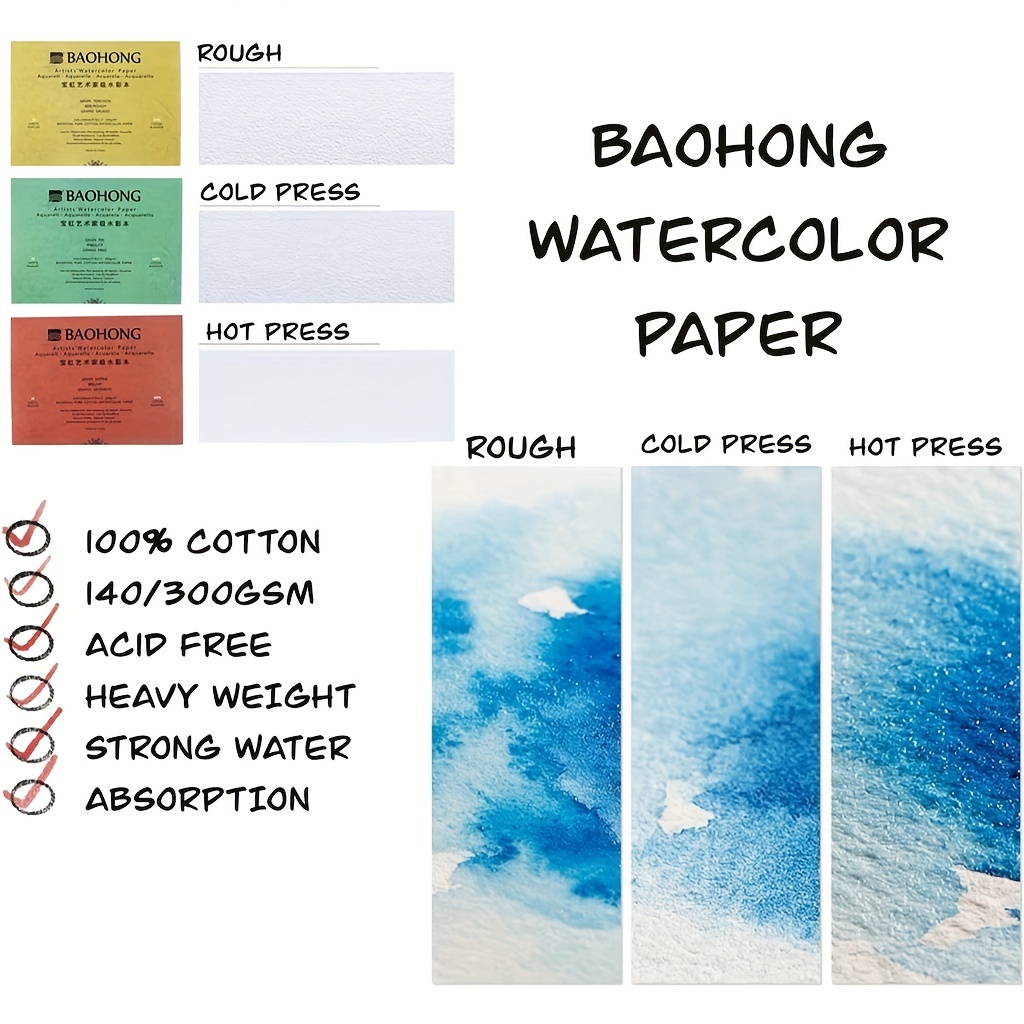 BAOHONG Rough Grain Artists' Watercolor Block, 20 Sheets, 100% Cotton,  Acid-free, 140LB/300GSM, Art Paper for Watercolors, Dry, Wet Media 