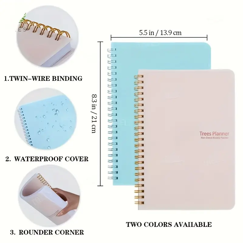 2pcs A5 Planner Daily Weekly Time Planner Coil Notepad Memo Diary Agenda Book Work Study Arrangement Office Supplies Learning Supplies 52 Sheets 104 Pages details 0
