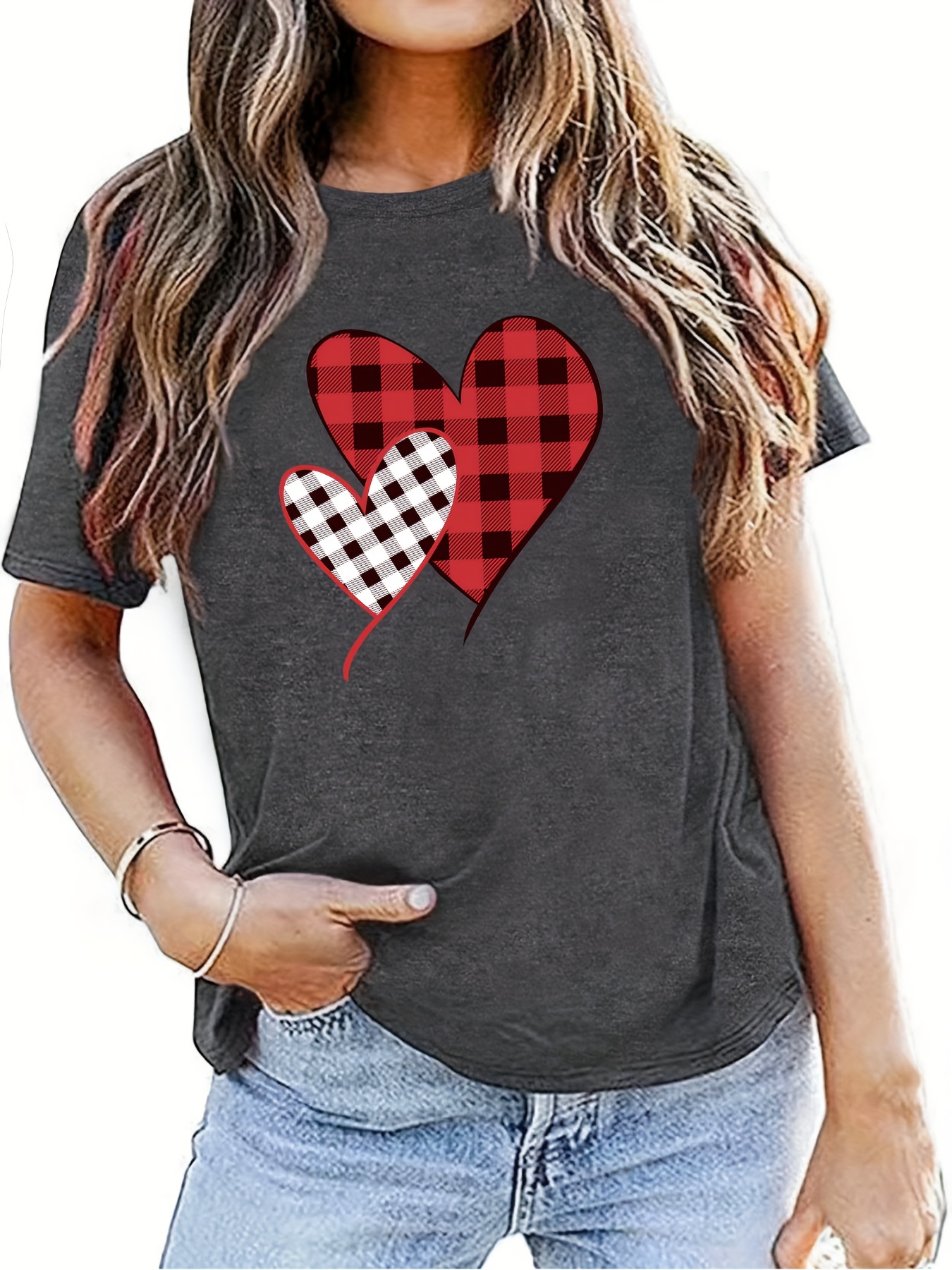 Plaid Heart Print Crew Neck T shirt Casual Short Sleeve Top - Temu Norway