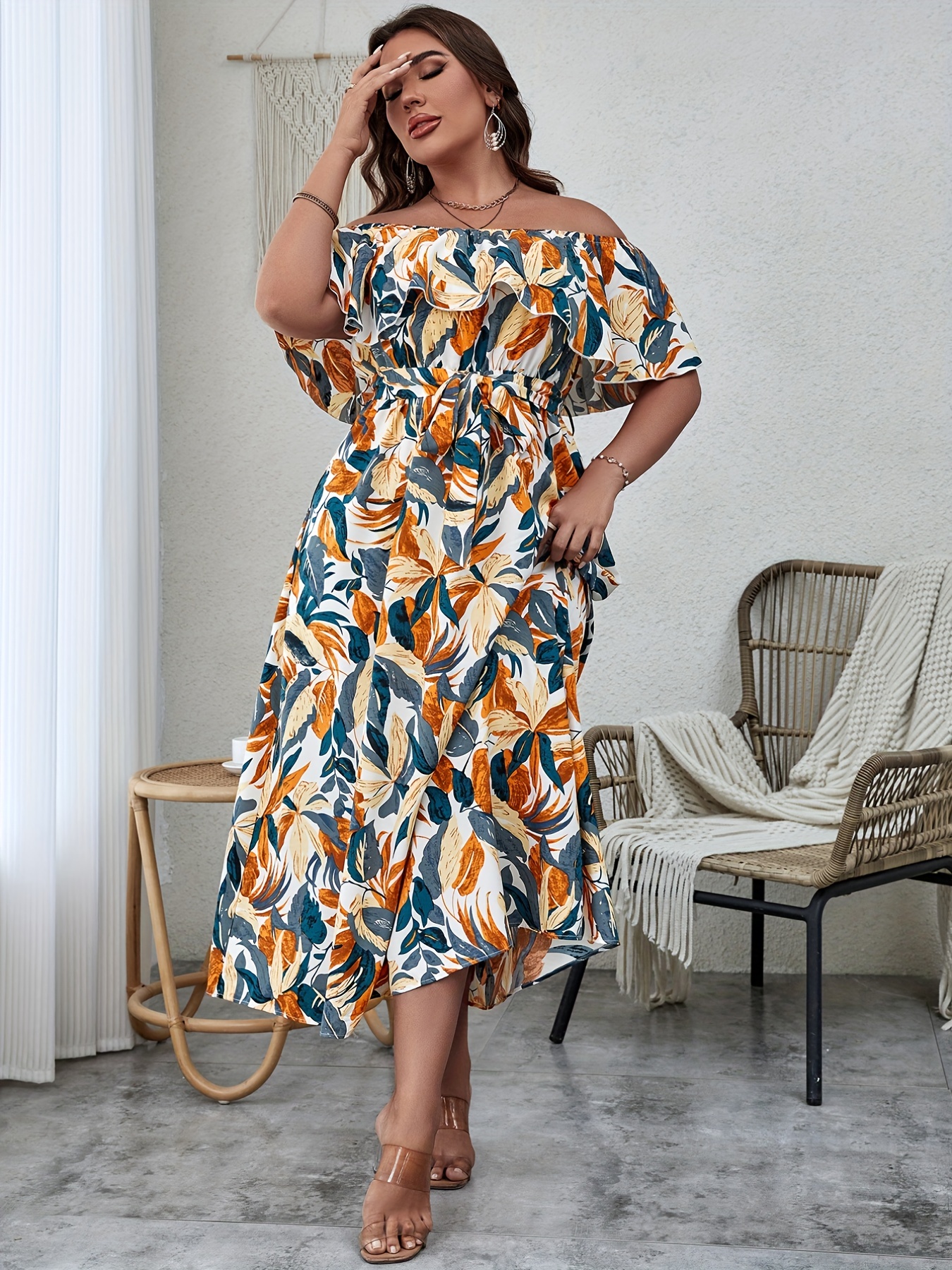 Floerns Women's Plus Size Boho Tropical Print Off Shoulder Belted Slit Long  Dress A Green 0XL at  Women's Clothing store