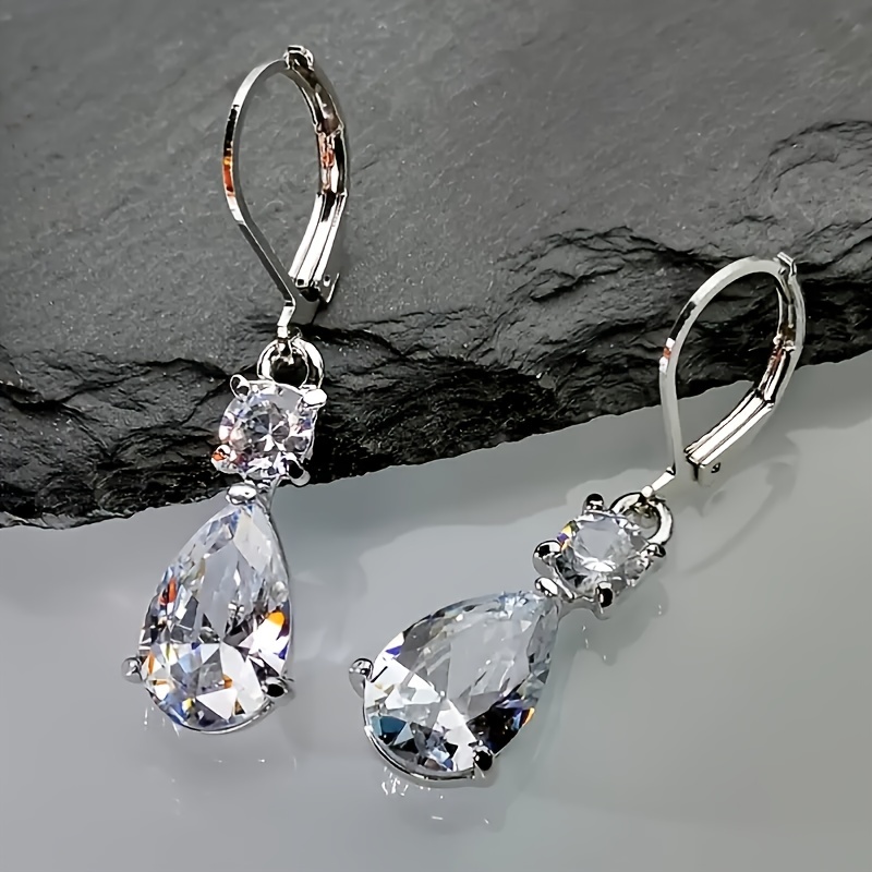 

Droplet Sparkling Zircon Decor Dangle Earrings Elegant Luxury Style Silver Plated Jewelry Banquet Earrings
