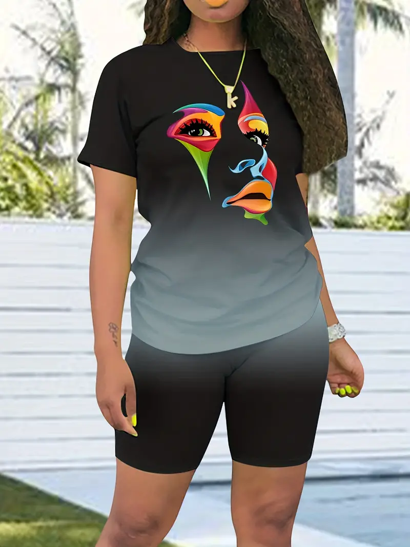 Graphic Print Short Sleeve T shirt Biker Shorts Summer - Temu