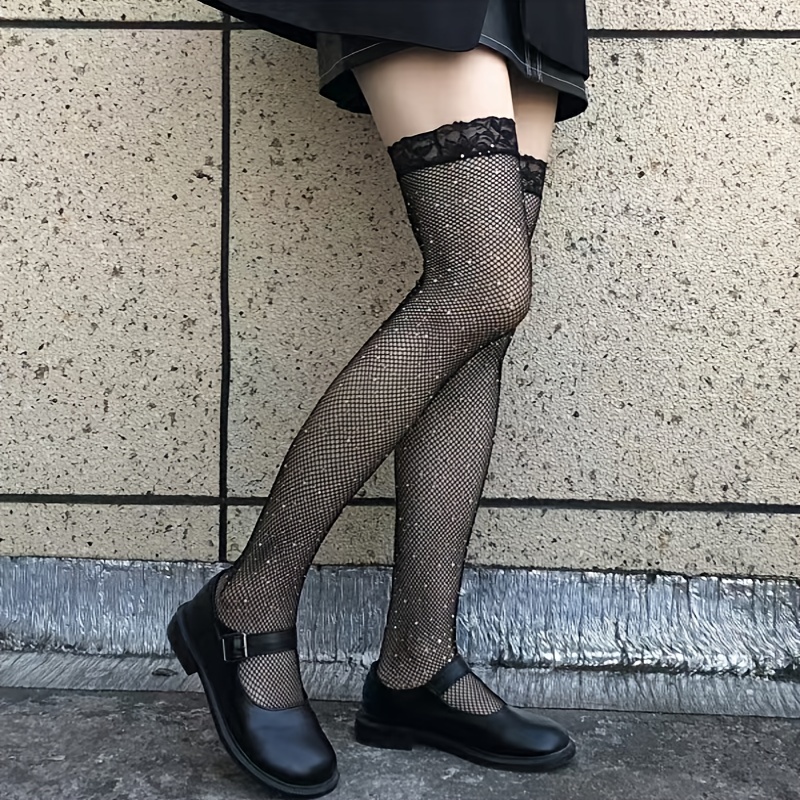 Black Fishnet Stockings, Lace Semi Sheer Stocking, Women's Stockings &  Hosiery