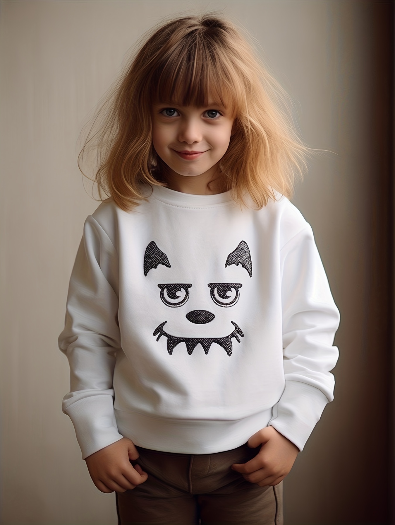 Autumn Baby Kids Unisex Casual Cartoon Face Embroidered Pattern Long Sleeves Top Pullover and Pants Clothing Set