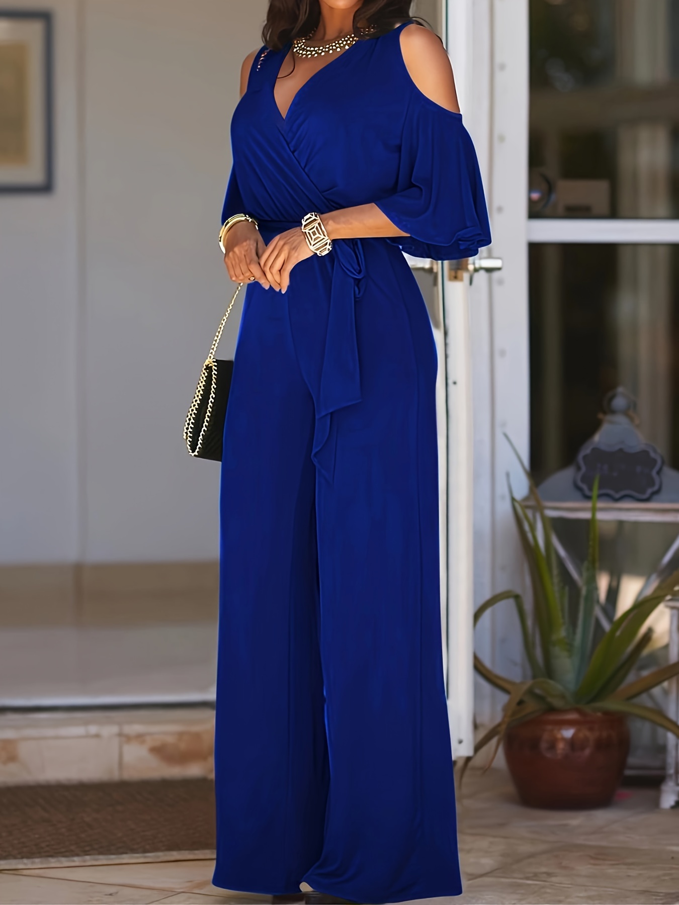  Royal Blue Jumpsuit For Women Short Sleeve Casual V Neck  Belted Wide Leg Formal Rompers Jumpsuits XX-Large
