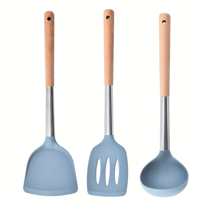Food Grade Silicone Kitchen Cookware Utensils Non-stick Pan Spatula Spoon  Wooden Handle Practical Cooking Tools Kitchen Utensils