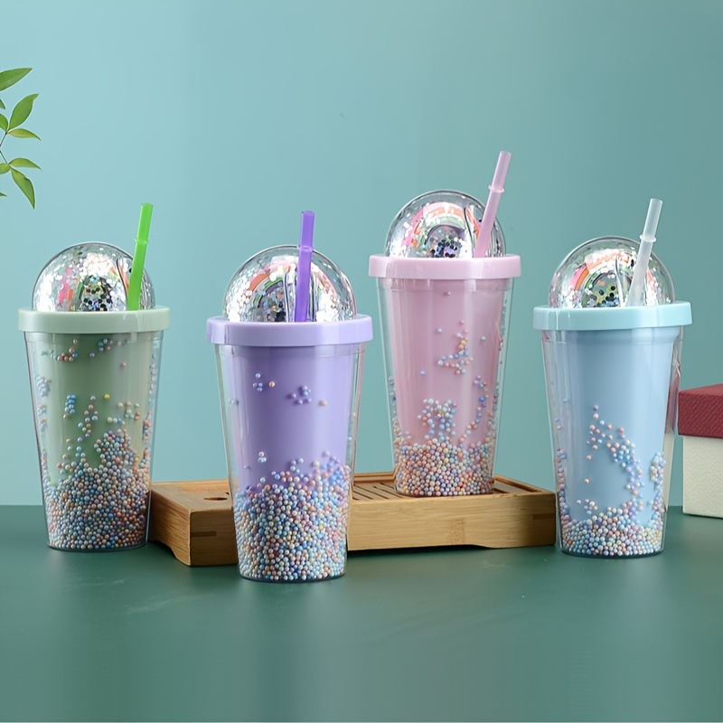 Reusable Plastic Tumbler With Dome Lids Bubble Rainbow Decor 2-Layer Cups  550ml 