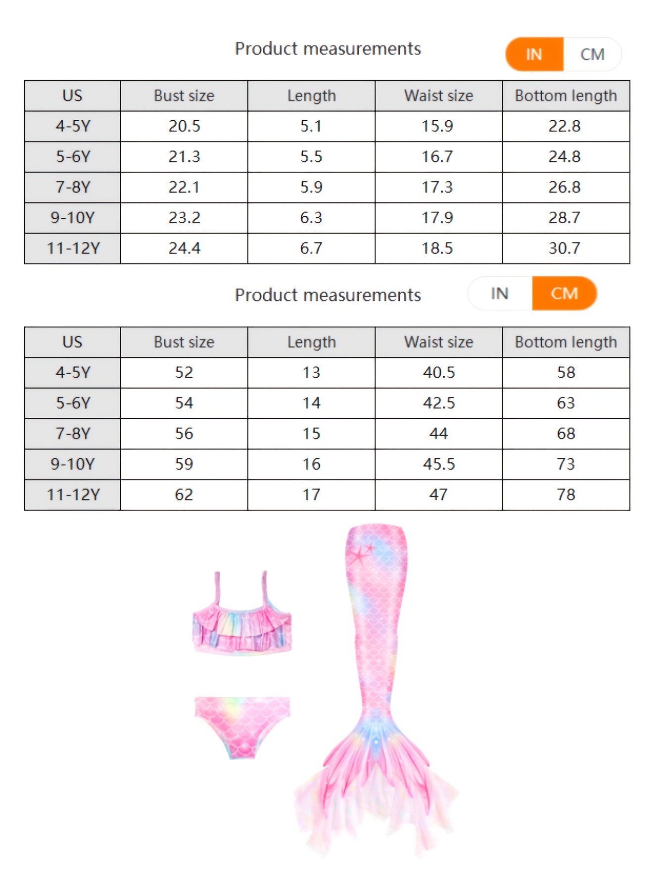 Colas de sirena para nadar para niñas, 5 piezas, conjunto de traje de baño  de bikini de 4 a 13 años