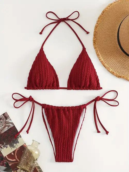 Glitter Fabric Plain Burgundy Red Bikini Criss Cross Tie - Temu