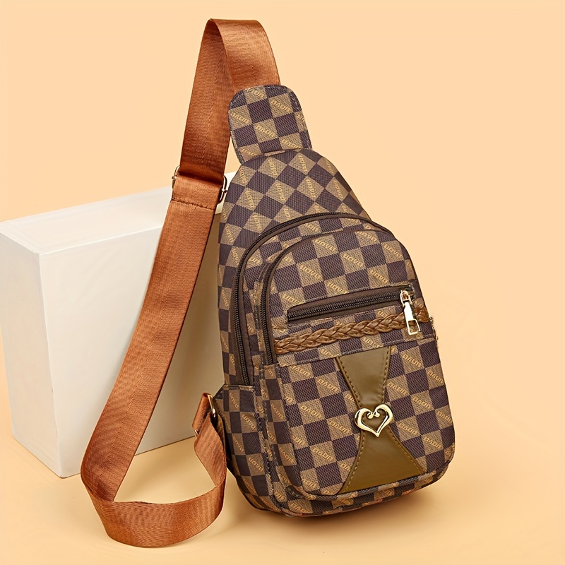 Retro Checkerboard Pattern Sling Bag, Heart Decor Chest Bag, Multi Pockets  Crossbody Bag - Temu