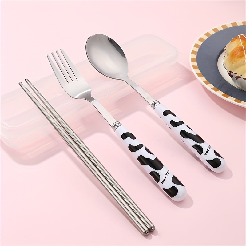 3pcs/set, Tableware Set, Stainless Steel Flatware Sets, Cow Plastic Handle  Fork, Cute Spoon, Portable Fruit Fork, Mental Chopsticks With Storage Box