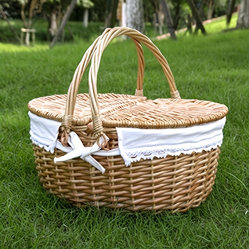 

1pc Outdoor Picnic Basket, Wicker Basket, Made Of Willow, With A Lid (double Doors), And An Inner Village. Camping Accessories, Outdoor Storage Supplies
