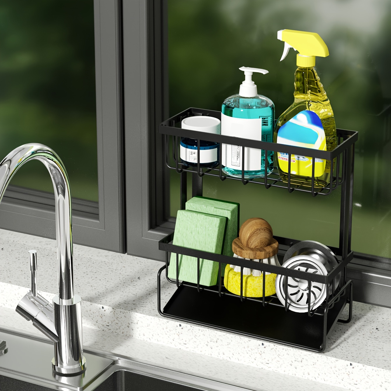 1pc Kitchen Sink Caddy Sponge Holder Organizer, Sink Tray Drain Rack, Soap  Dispenser Brush Holder Storage Accessory