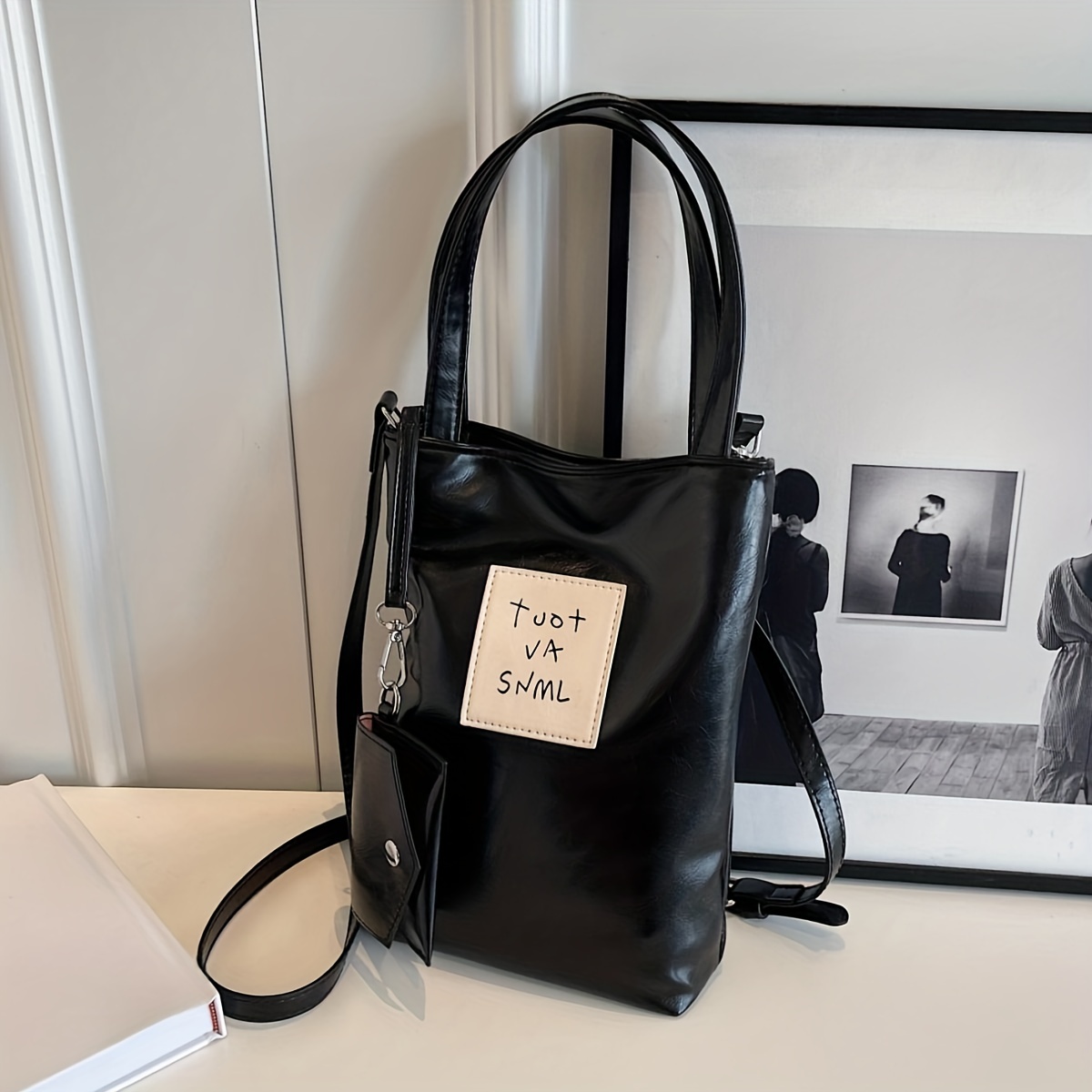 Brown Bucket Bag With Cherry Design Bag Charm Fashionable Litchi Embossed  PU