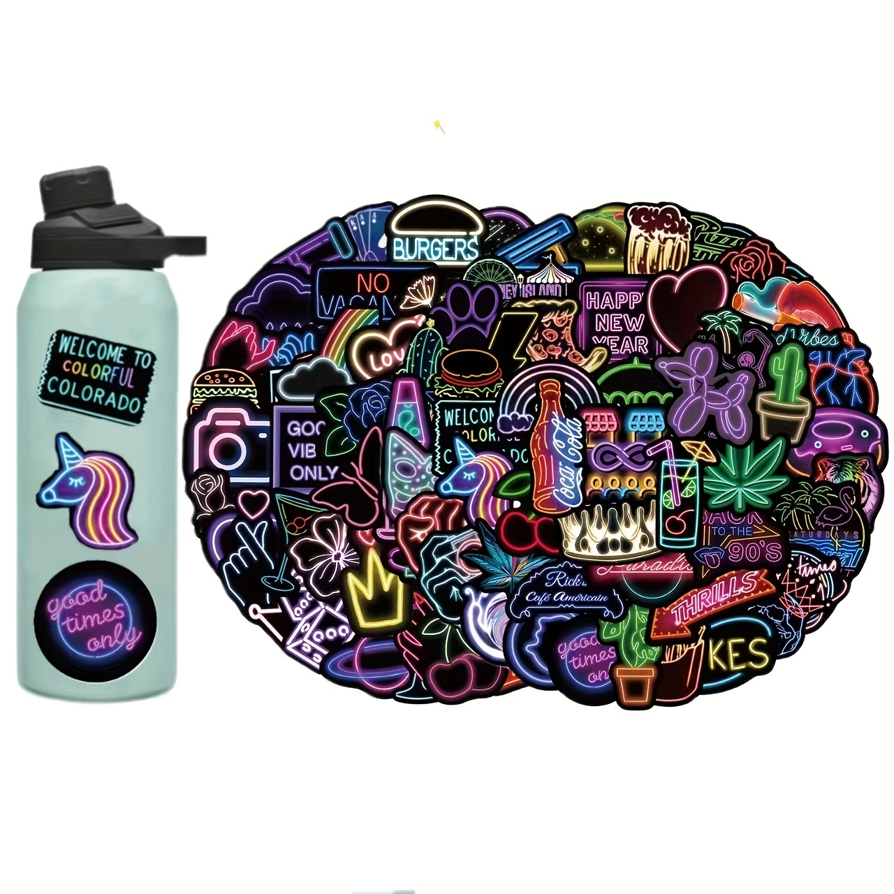 Cool Neon Graffiti Sticker Pack Water Bottle Stickers - Temu