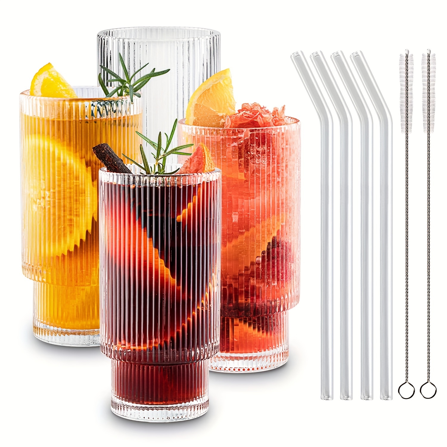 4pcs Ribbed Drinking Glasses, Ribbed Glass Cups, kitchen glassware