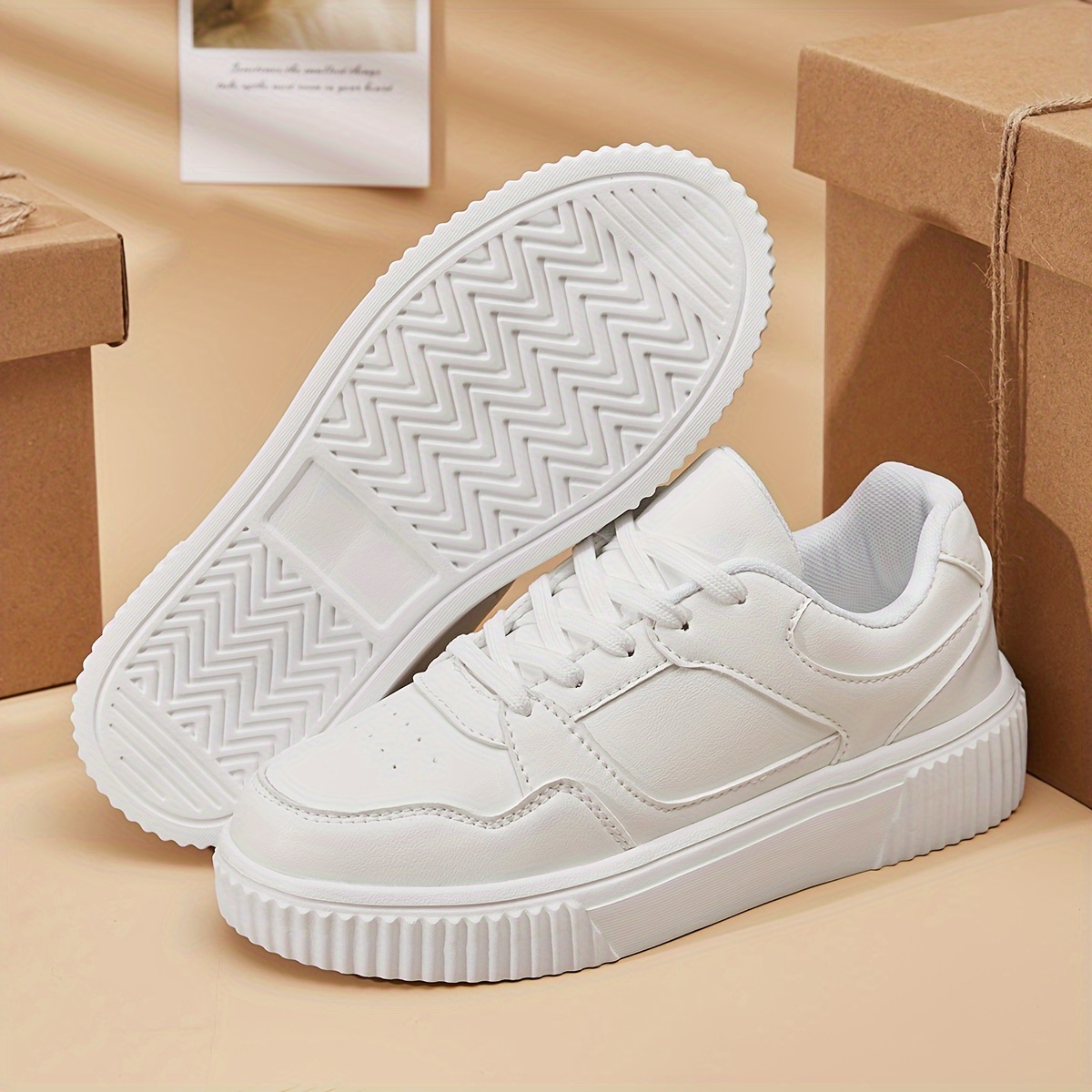 Women's Solid Color White Sneakers, Lace Up Soft Sole Platform Biscuit  Skate Shoes, Low-top Walking Shoes