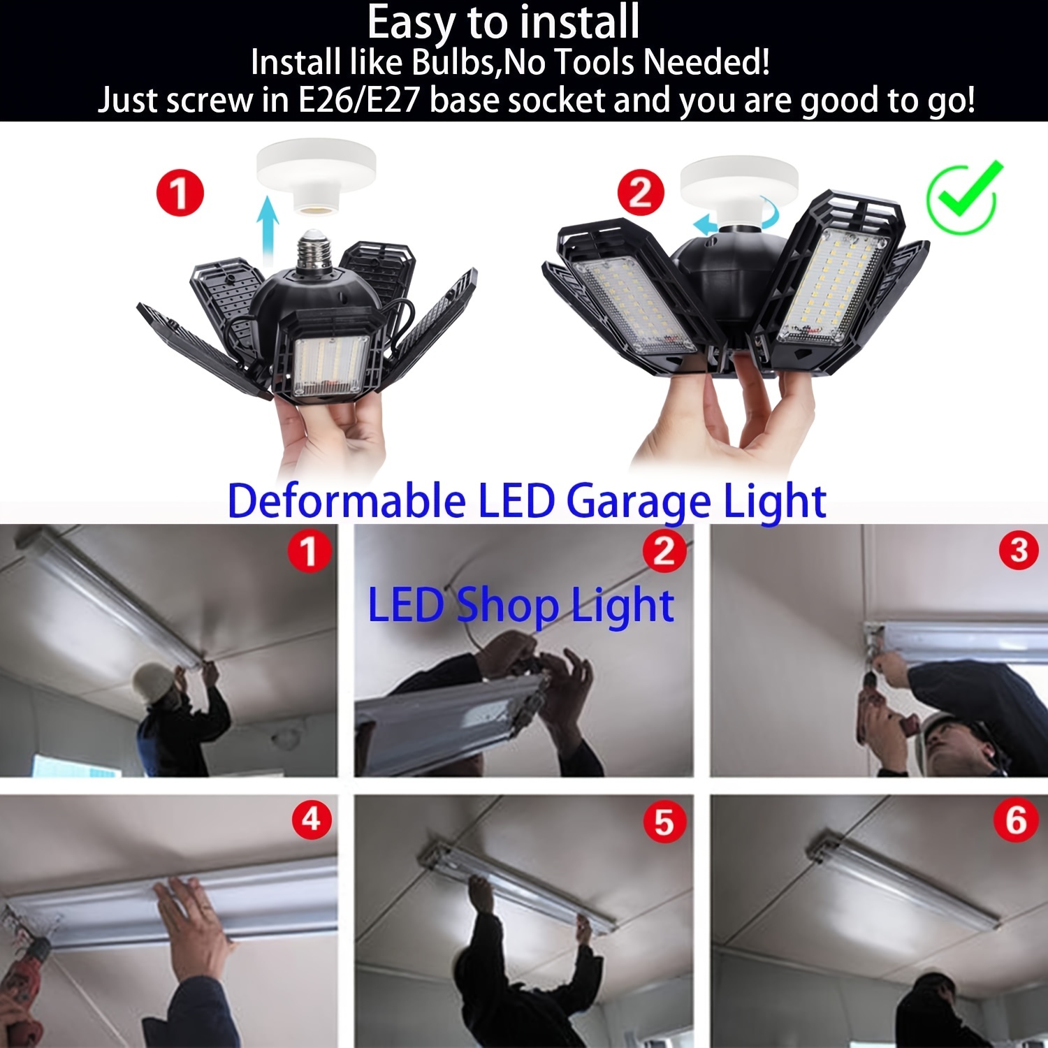 2pcs pack super bright 220w led garage light 15000lm 6500k adjustable deformable ceiling lights for workshop garage details 7