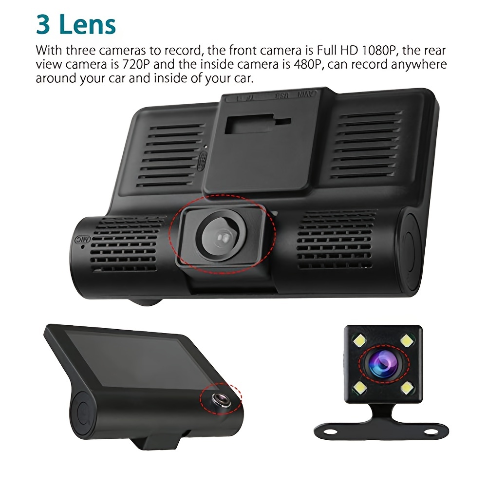 1pc 4 0 Inches IPS Screen 3 Lens Car Black Box Dash Cam HD 1080P Front And Back Inside 3 Channel Car Camera DVR Video Driving Recorder Motion Detection G Sensor Dashcam 170 Wide View Angle WDR Night Vision Loop Video Parking Monitor