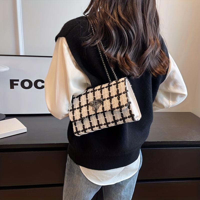 Fashion Tweed Crossbody Bag, Colorblock Plaid Shoulder Bag