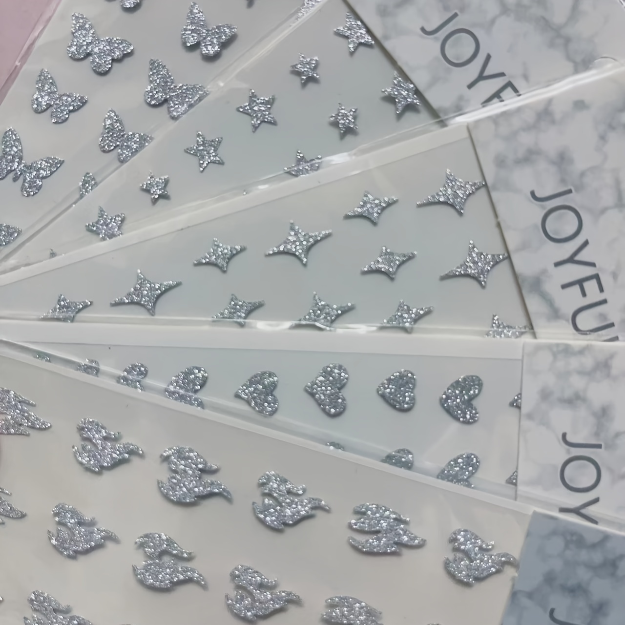 Reflective 3D Nail Stickers Glitter Decals Silver Stars Hearts Butterflies