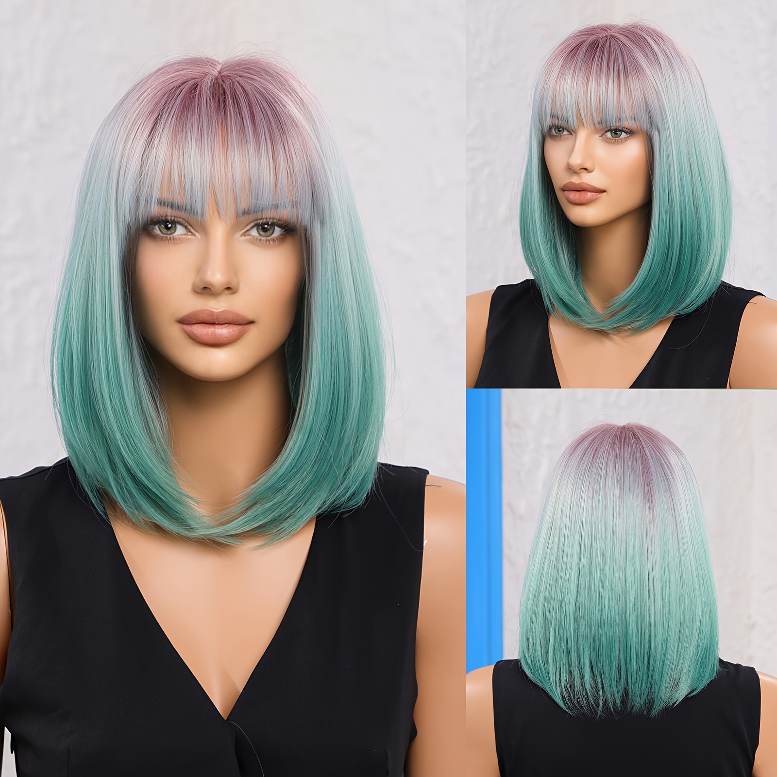 Green wavy bob wig with dark roots