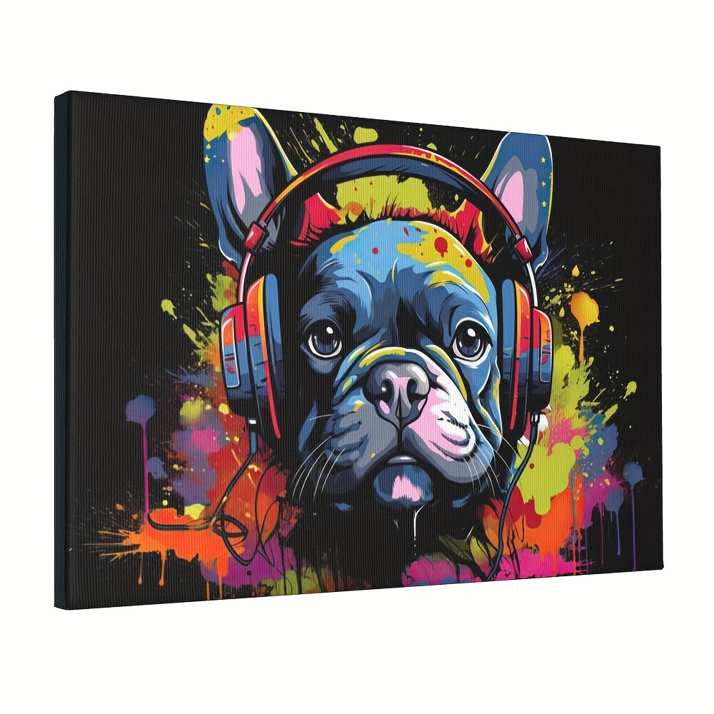 

1pc, Hip-hop Dog Graffiti Wall Decor, Funny Colorful Picture, French Bulldog With Headphones, Canvas Painting, Home Bedroom Kitchen Living Room Bathroom Hotel Cafe Office Poster, No Frame, 12x18"