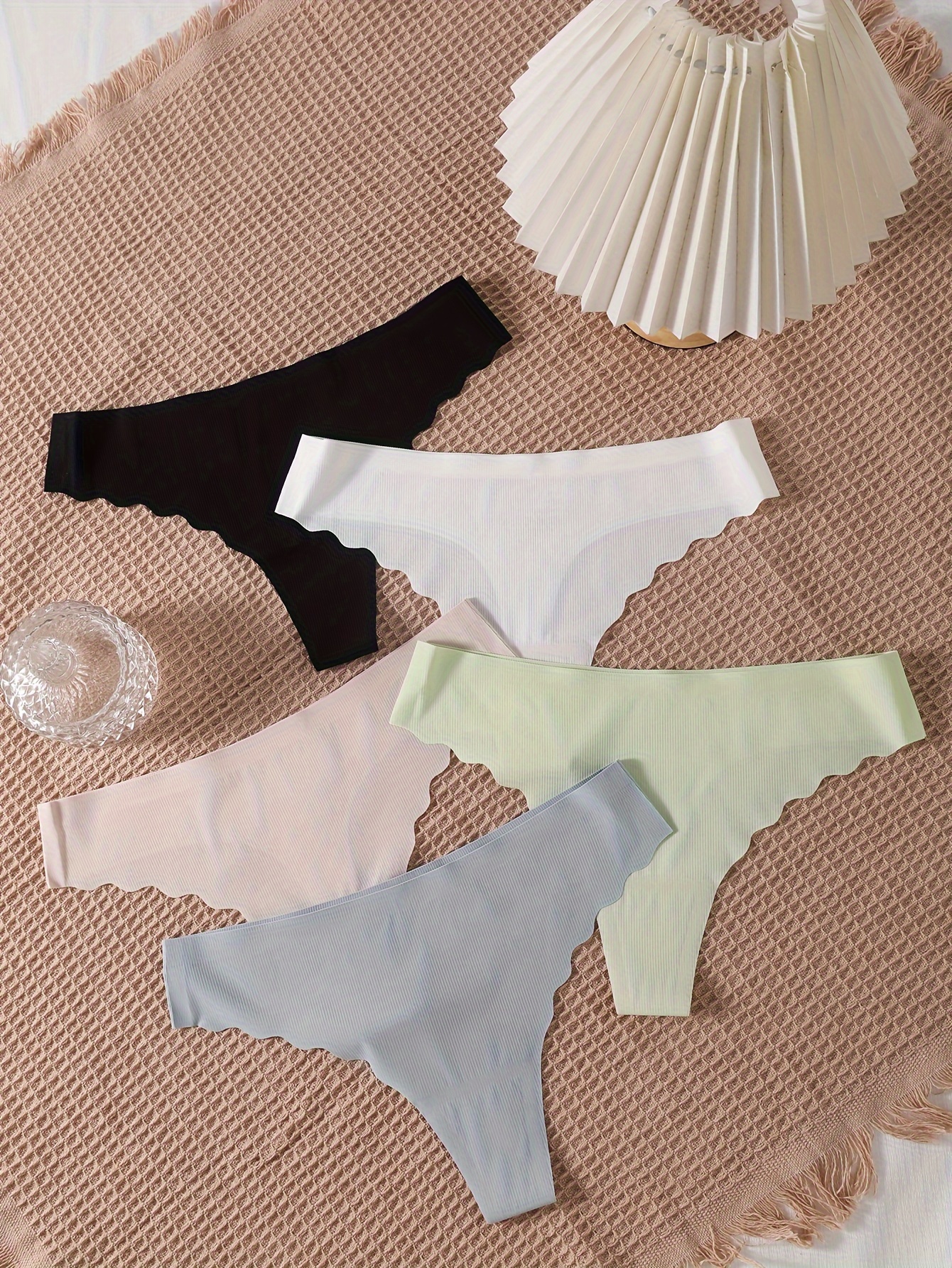 5pcs Scallop Trim Thongs, Seamless & Comfy Stretchy Intimates Panties,  Women's Lingerie & Underwear